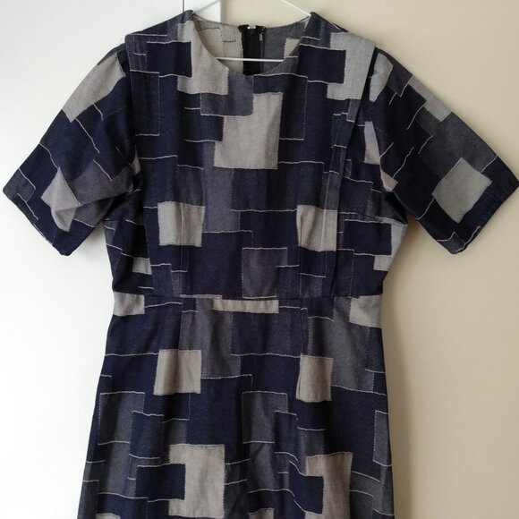 Handmade Denim Jean Patchwork Dress Plus Size 44.5"B 34"W Amish Mennonite Cape - Picture 4 of 14